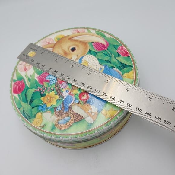 Round Metal Candy Cookie Treat Tin Bunny Flowers Chicks Spring Easter 6.5" - Picture 3 of 3